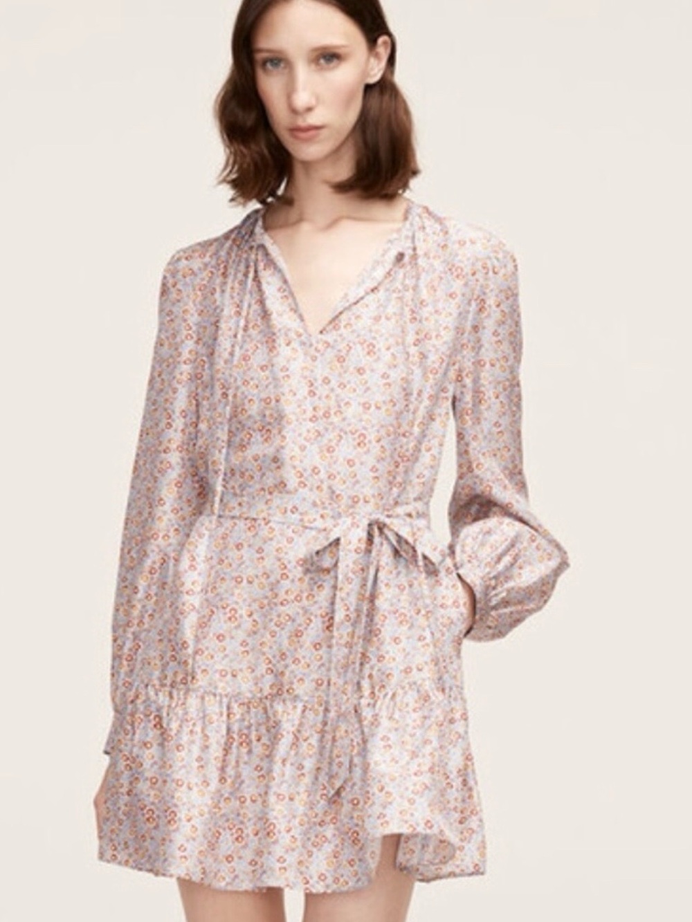 Rebecca Taylor Pink Floral Long Sleeve Tie-Waist Dress